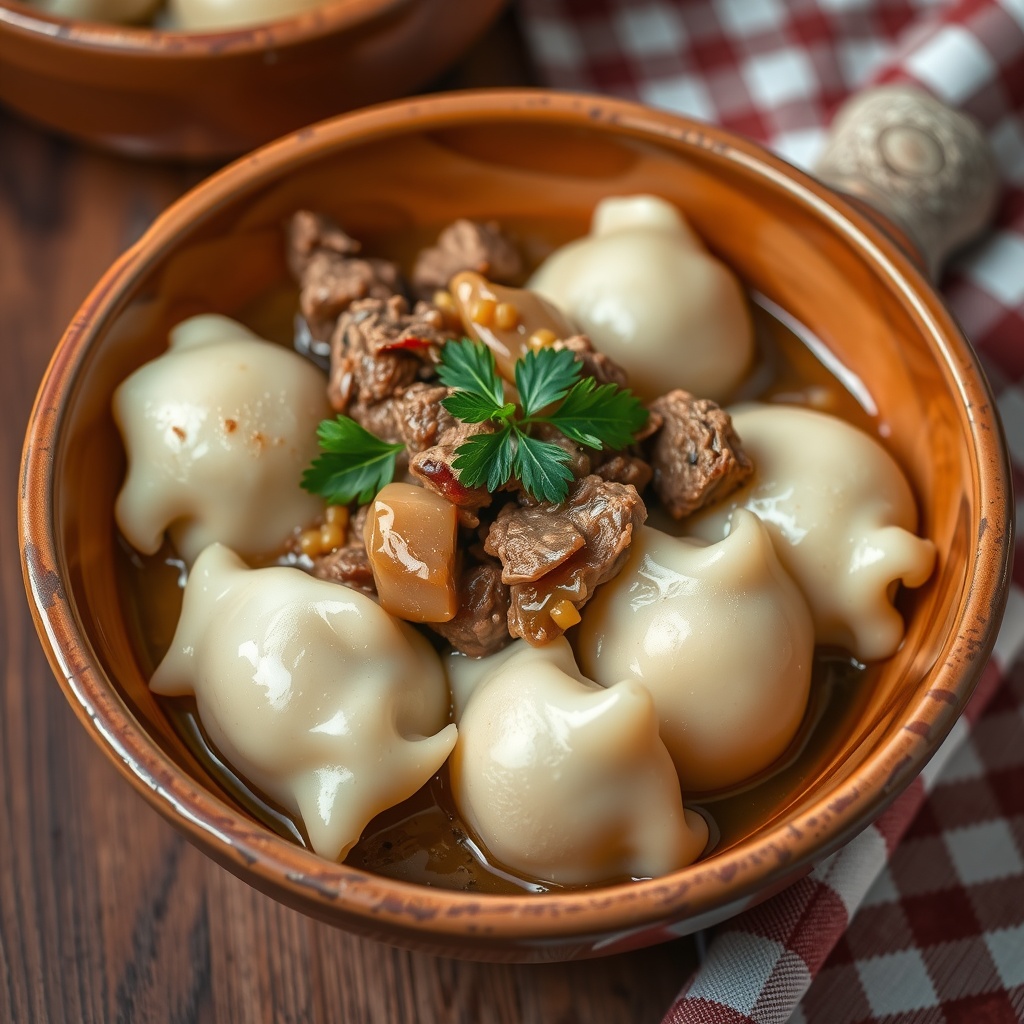 Chipped beef and potato flour dumplings served in a rustic bowl, garnished with parsley.
